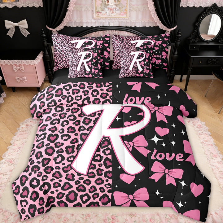Erosebridal Leopard Print Letter R Bedding Comforter Set for Girls, Pink Initial Ribbon Full Bedding Set, Black Reversible, 7 Pieces