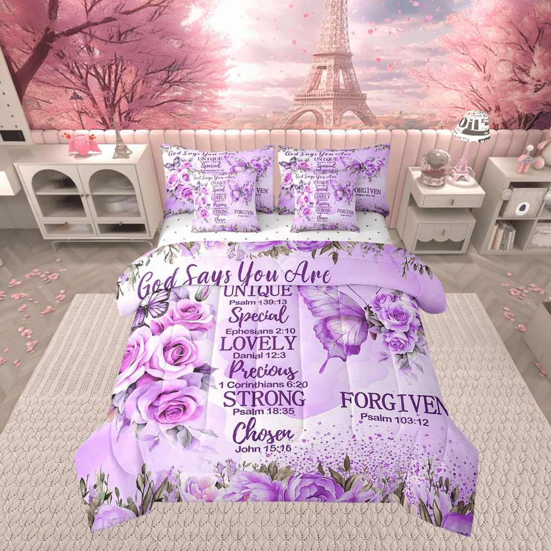 Violet Floral Comforter Set Twin,Purple Rose Bedding Set for Couple,Elegant Butterfly(Comforter+Fitted+Flat Sheet+2 Pillowcases+2 Pillow Covers) 7 Pieces with Love Motto,Valentine&