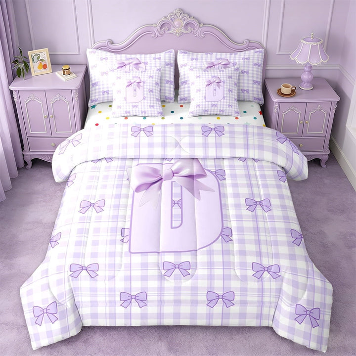 Erosebridal Kids Coquette Bow 7-Piece Twin Bedding Sets For Girls,Purple Letter D Personalized Initial Bedding Comforter Set,Reversible