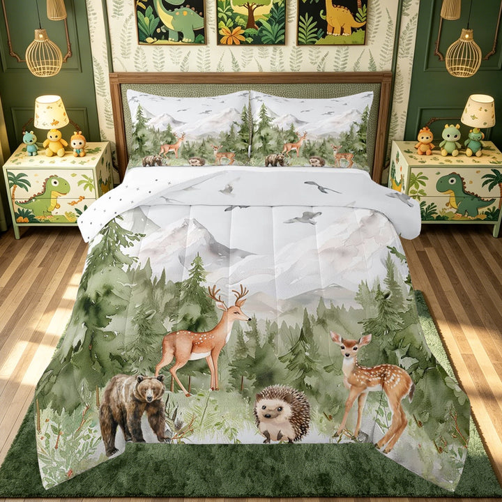 meiyoeat Giraffe Woodland Animal Full Size Comforter Sets for Kids Boys, Nature Forest Wildlife Bedding Comforter Set, Green White, Reversible, 3 Pieces