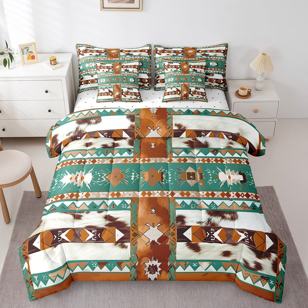 Western Bed in a Bag Queen Comforter Set 7 Piece,Geometric Aztec Bedding Sets,Southwestern Sheet Set with Comforter Vintage Cowhide Bed Set,Cow Print Western Decor for Home
