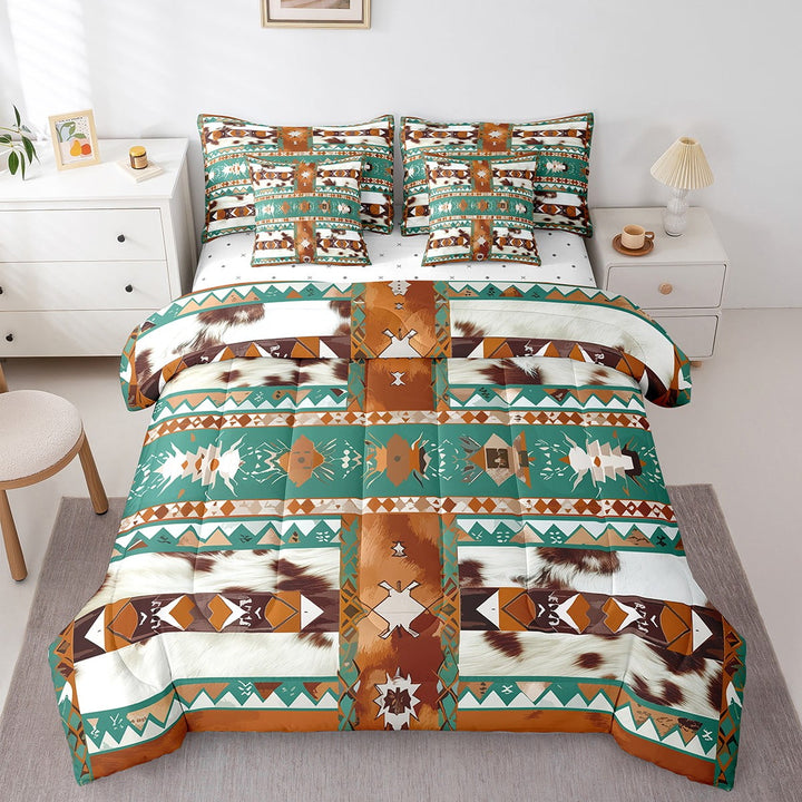 Western Bed in a Bag Queen Comforter Set 7 Piece,Geometric Aztec Bedding Sets,Southwestern Sheet Set with Comforter Vintage Cowhide Bed Set,Cow Print Western Decor for Home