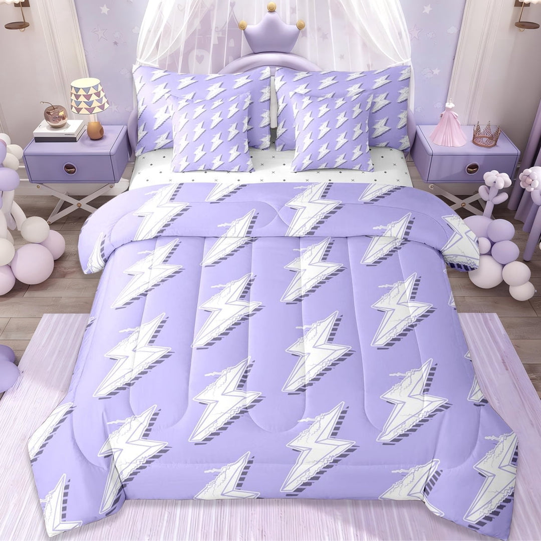 Erosebridal Abstract Lightning Pattern 7-Piece Twin Bedding Sets,Purple And White Bedding Comforter Set For Girls Boys,Reversible