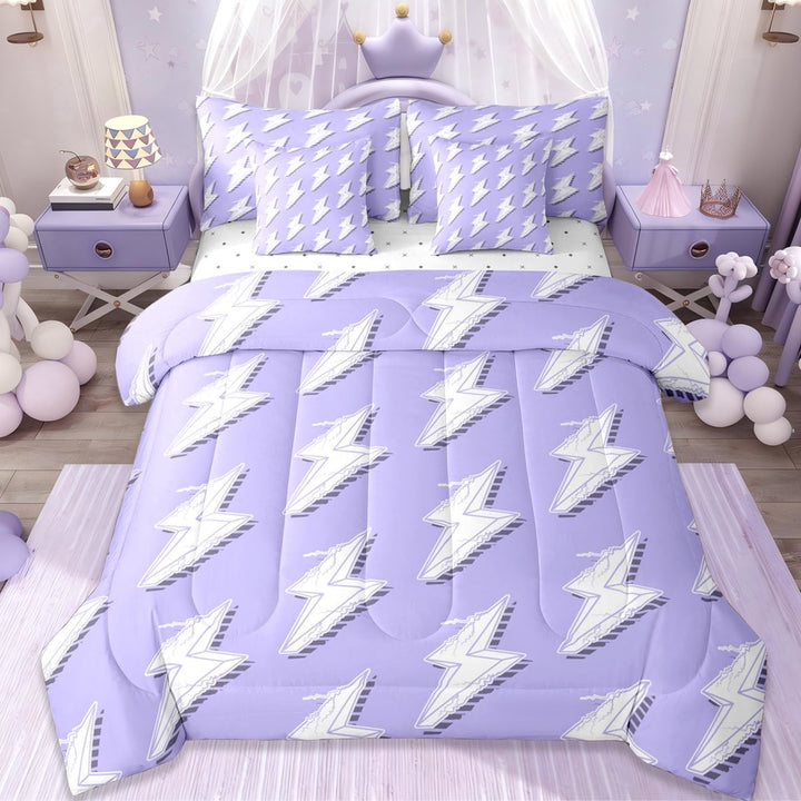 Erosebridal Abstract Lightning Pattern 7-Piece Twin Bedding Sets,Purple And White Bedding Comforter Set For Girls Boys,Reversible
