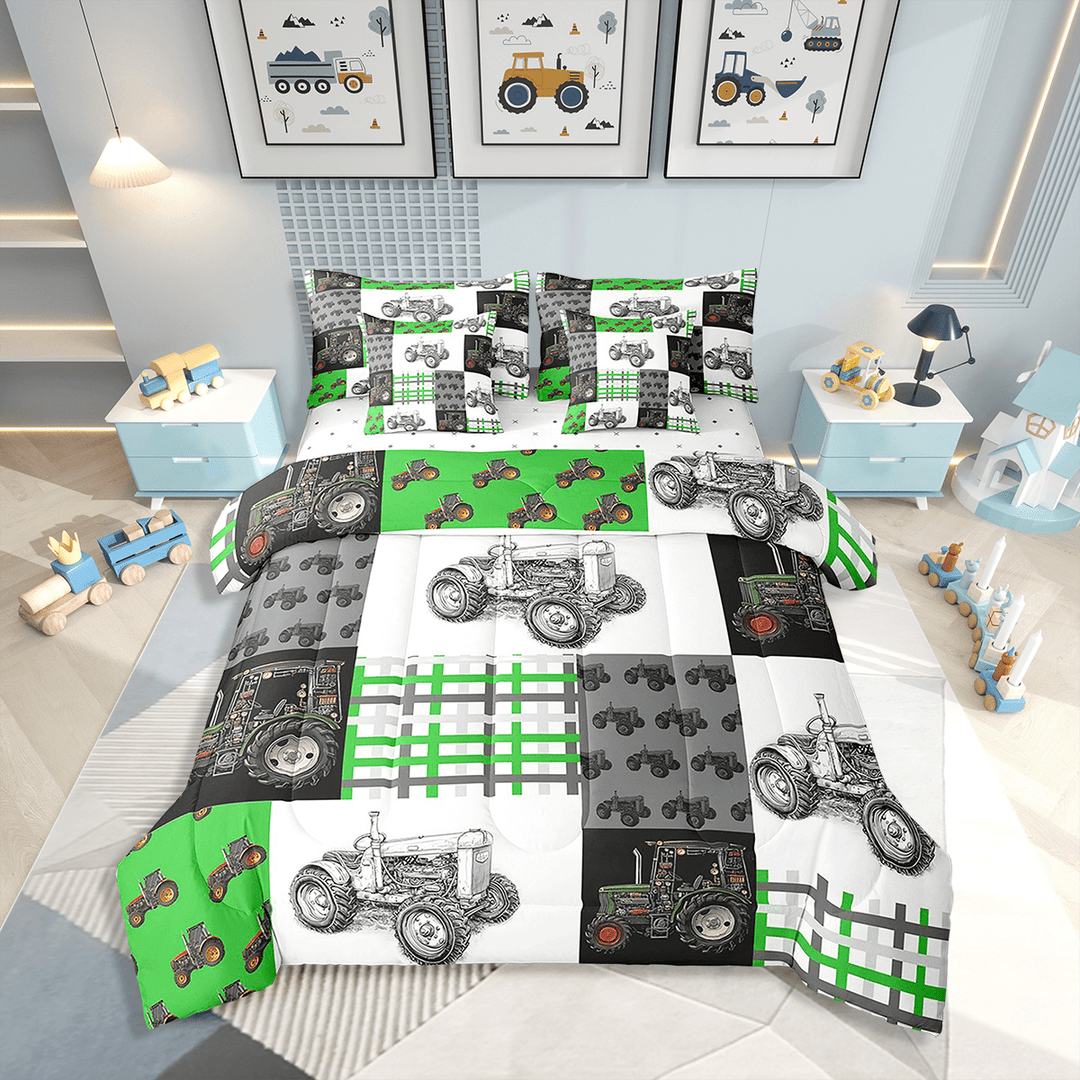 Farm Tractor Comforter Set 7 Piece Bed in a Bag Twin,Construction,Big Wheel Car Bedding Sets Truck Vehicles Sheet Set with Comforter Green Vehicle Farmhouse Decor
