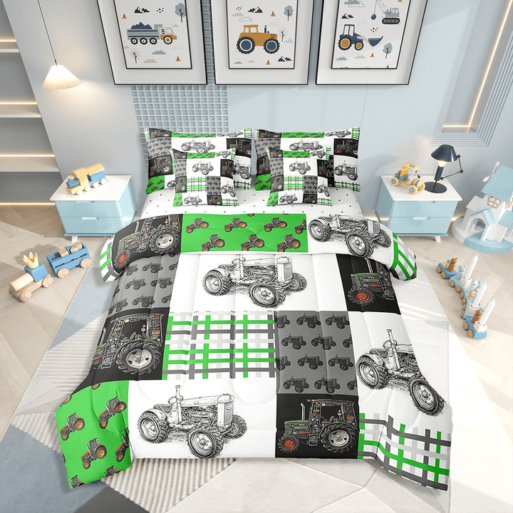 Farm Tractor Comforter Set 7 Piece Bed in a Bag Twin,Construction,Big Wheel Car Bedding Sets Truck Vehicles Sheet Set with Comforter Green Vehicle Farmhouse Decor