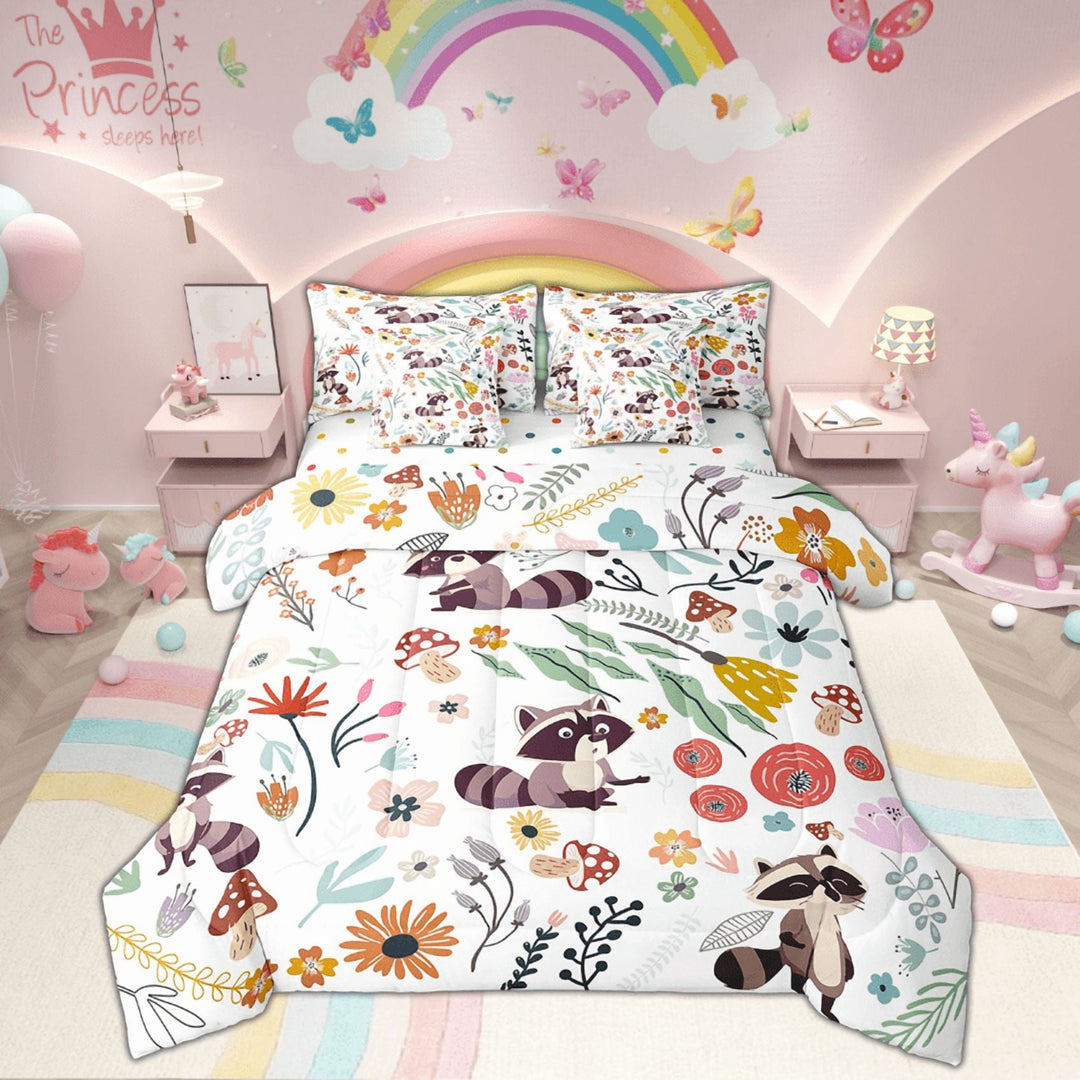 Cute Raccoon Comforter Set 7 Piece Bed in a Bag Twin,Mushroom Floral Cartoon Animal Bedding Sets Watercolor Flowers Leaves Sheet Set with Comforter