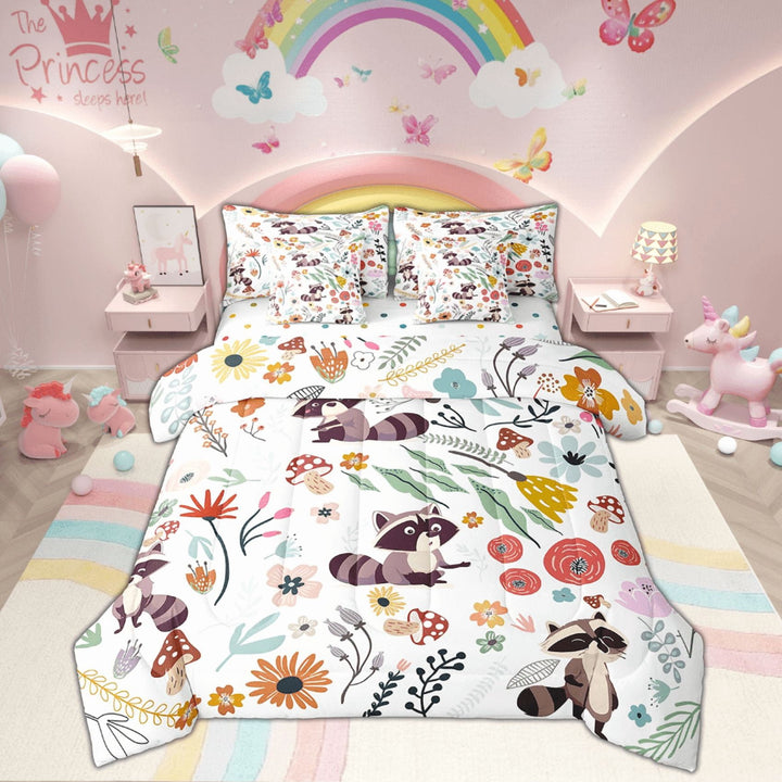 Cute Raccoon Comforter Set 7 Piece Bed in a Bag Twin,Mushroom Floral Cartoon Animal Bedding Sets Watercolor Flowers Leaves Sheet Set with Comforter