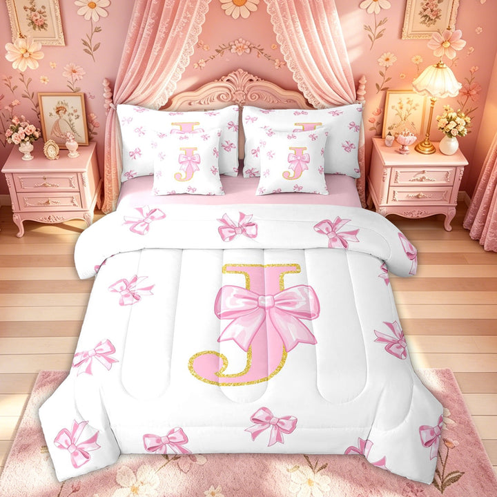 Meiyoeat Cartoon Glitter Print Bow Bedding Comforter Set for Women Kids, Kawaii Monogram J Full Bedding Set, Pink, Pink Reversible, 7 Pieces