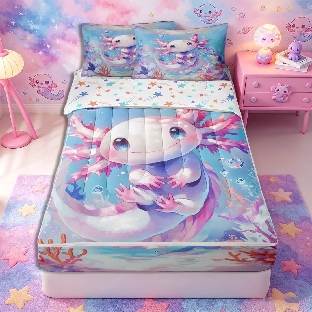 Meiyoeat Watercolor Kawaii Axolotl Zipper Twin Comforter Sets with Fitted Sheet and 2 Pillowcases, Ocean Animal Salamander Pattern Zipper Bedding Set, Pink Blue,4-Piece