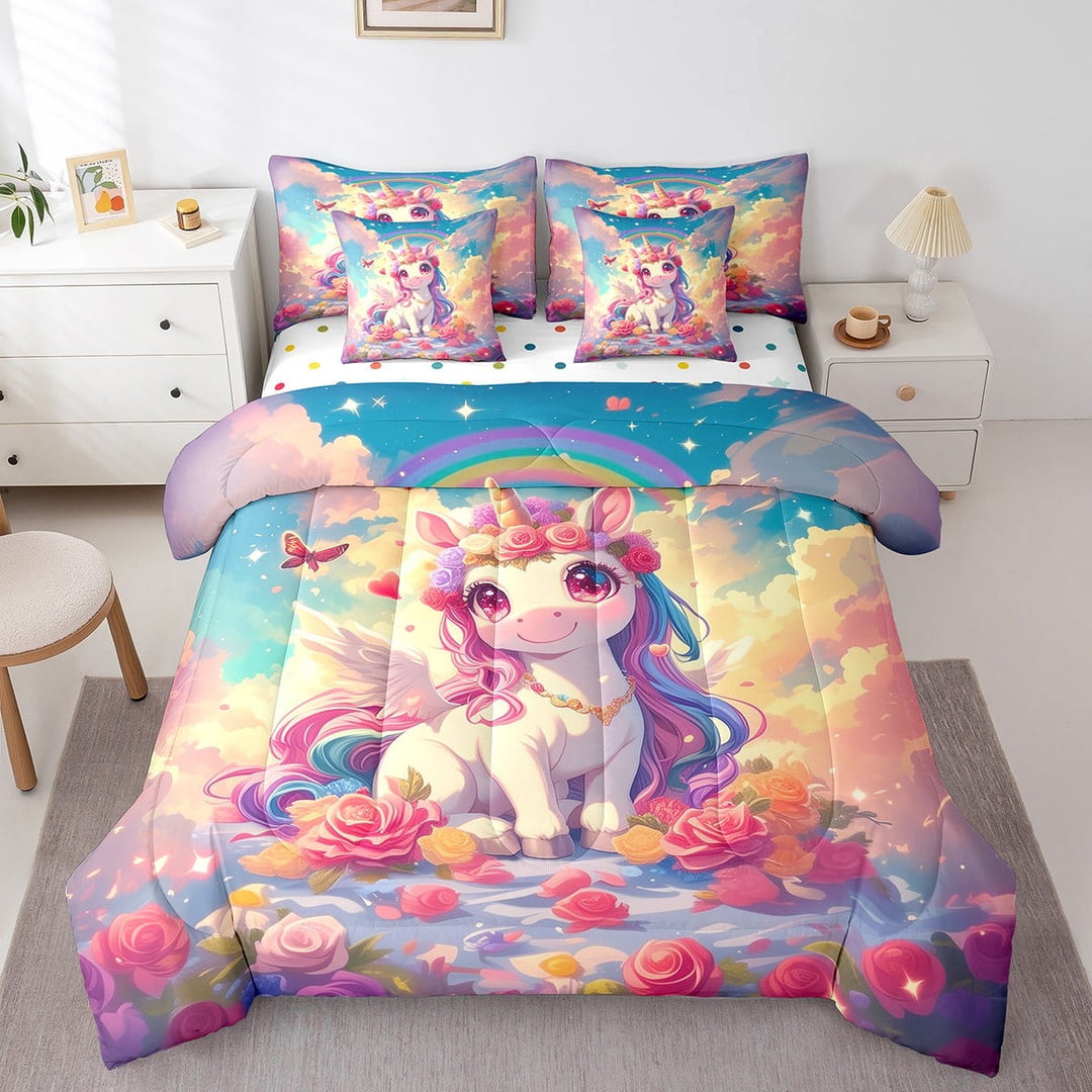 7 Pieces Unicorn Comforter Set Twin Size,Cartoon Animals Horse Bedding Set Bedroom Decor,Watercolor Flower 7pcs Bed in a Bag with Comforter, Sheets and Pillow Cases