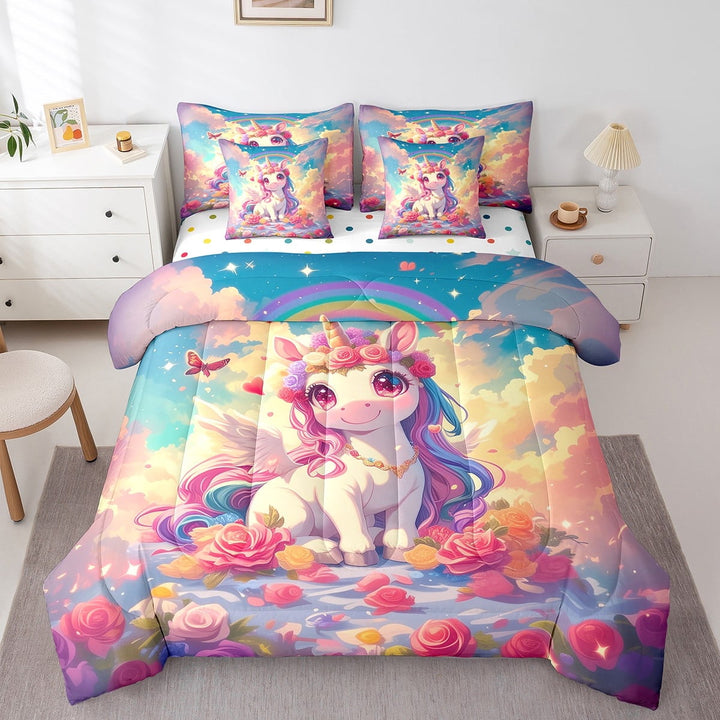 7 Pieces Unicorn Comforter Set Twin Size,Cartoon Animals Horse Bedding Set Bedroom Decor,Watercolor Flower 7pcs Bed in a Bag with Comforter, Sheets and Pillow Cases