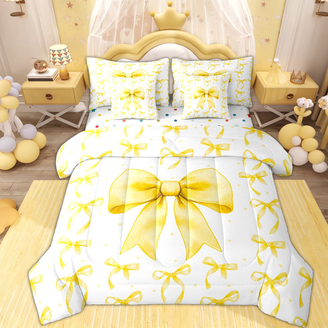 Erosebridal Retro Ribbon Twin Bedding Sets 7-Piece for Kid, Butterfly Knot Bedding Comforter Set, White Yellow