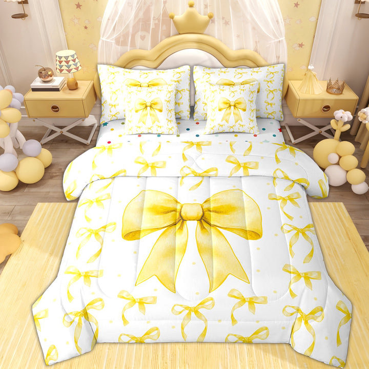 Erosebridal Retro Ribbon Twin Bedding Sets 7-Piece for Kid, Butterfly Knot Bedding Comforter Set, White Yellow