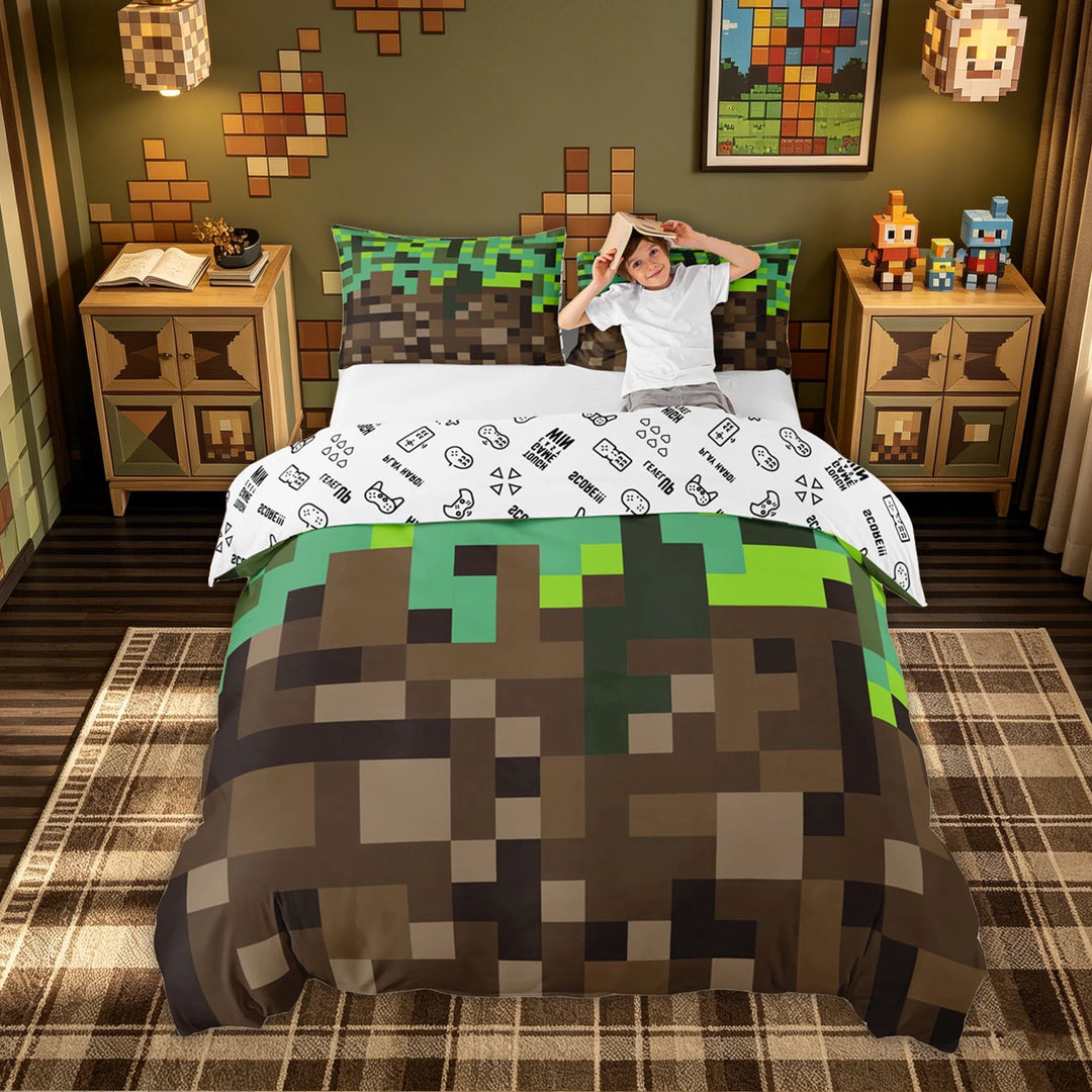 meiyoeat Vintage Grass Block Bedding for Kids, Game Pixel Terrain Duvet Cover Full for Bedroom, Green Brown, Gamepad Reversible, 3pcs