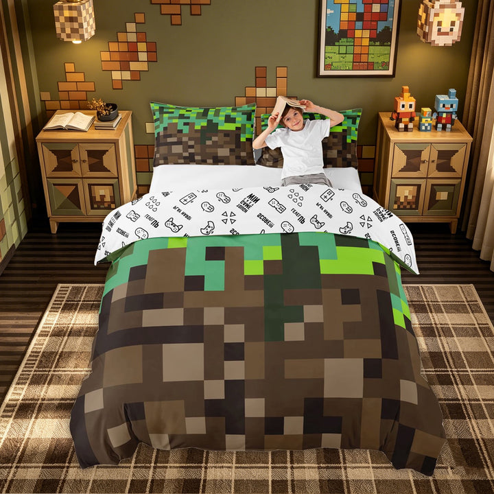 meiyoeat Vintage Grass Block Bedding for Kids, Game Pixel Terrain Duvet Cover Full for Bedroom, Green Brown, Gamepad Reversible, 3pcs