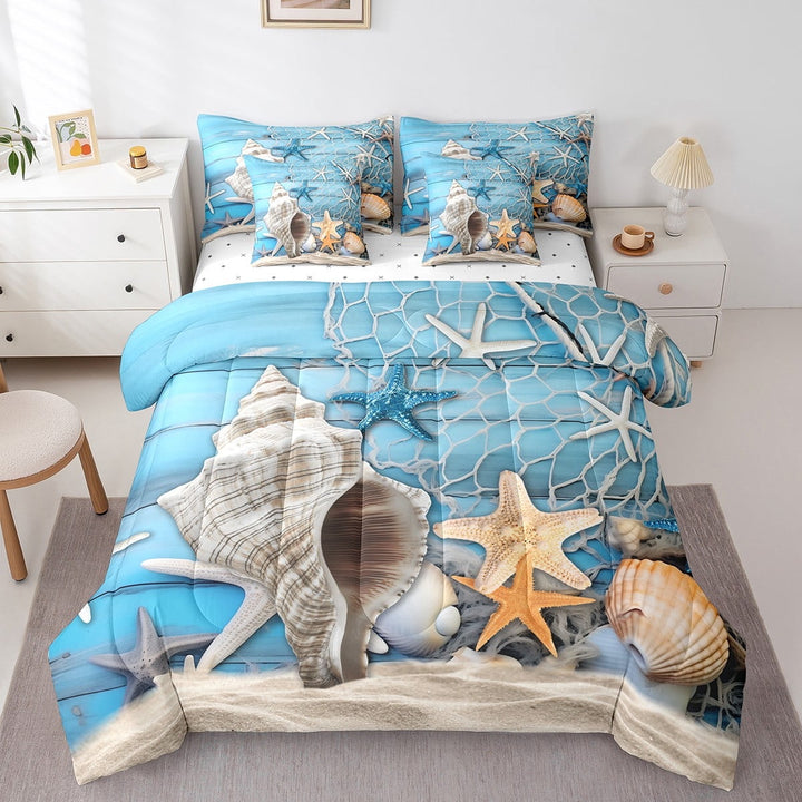 Summer Beach Theme Bed in a Bag 7 Pieces Starfish Conch Seashell Bedding Set, Ocean Animal Queen Size Comforter Set Fishing Theme Bedding Comforter Sets, Blue Old Barn Door Bed Set