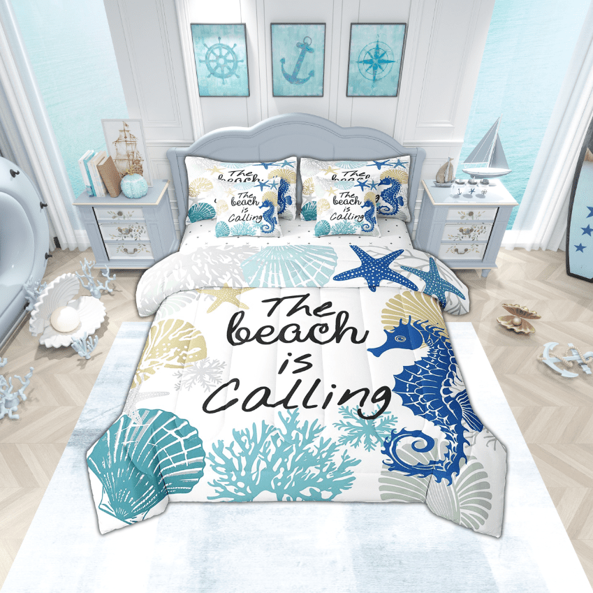 Summer Beach 7 Piece Comforter Set Full Bed in a Bag,Blue Seahorse Bedding Set Nautical Coastal Sheet Sets with Comforter Seashell Starfish Shell Coral Bed Set,Ocean Decor