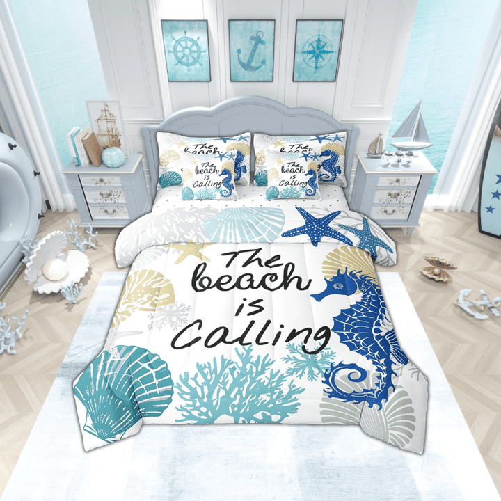 Summer Beach 7 Piece Comforter Set Full Bed in a Bag,Blue Seahorse Bedding Set Nautical Coastal Sheet Sets with Comforter Seashell Starfish Shell Coral Bed Set,Ocean Decor