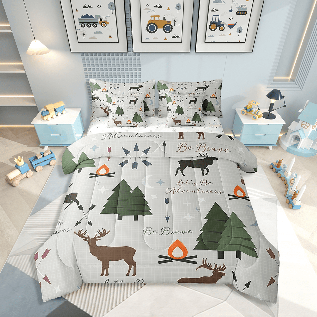 Adventure Deer Bedding Set Twin,Cartoon Pine Tree Jungle Animals 7Pcs Comforter Set,Arrow and Stars Moon Fitted + Flat Sheet Adult Room Decor Rustic Camping 2 Pillow Cover Green
