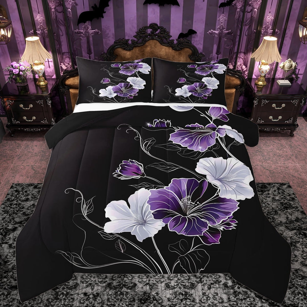 Manfei Retro Flower Full Size Comforter Sets,Modern Aesthetic Art Bedding Comforter Set,Purple White Black Bedding Sets For Men Women,Luxury Bedroom Decor Reversible,3 Pieces