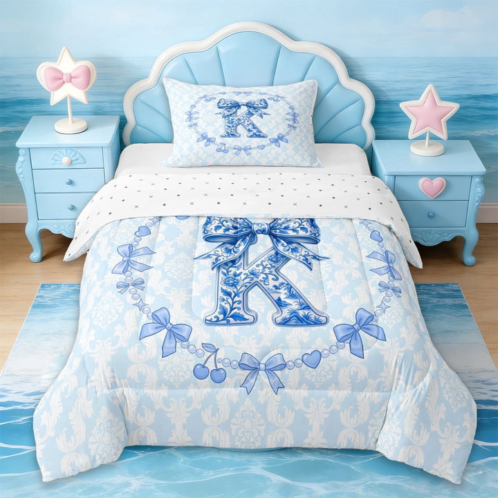 Erosebridal Kids Cartoon Bowknot Pattern Twin Comforter SetsDreamy Princess Style First Letter K Bedding Set For Girly,Reversible,2 Pieces