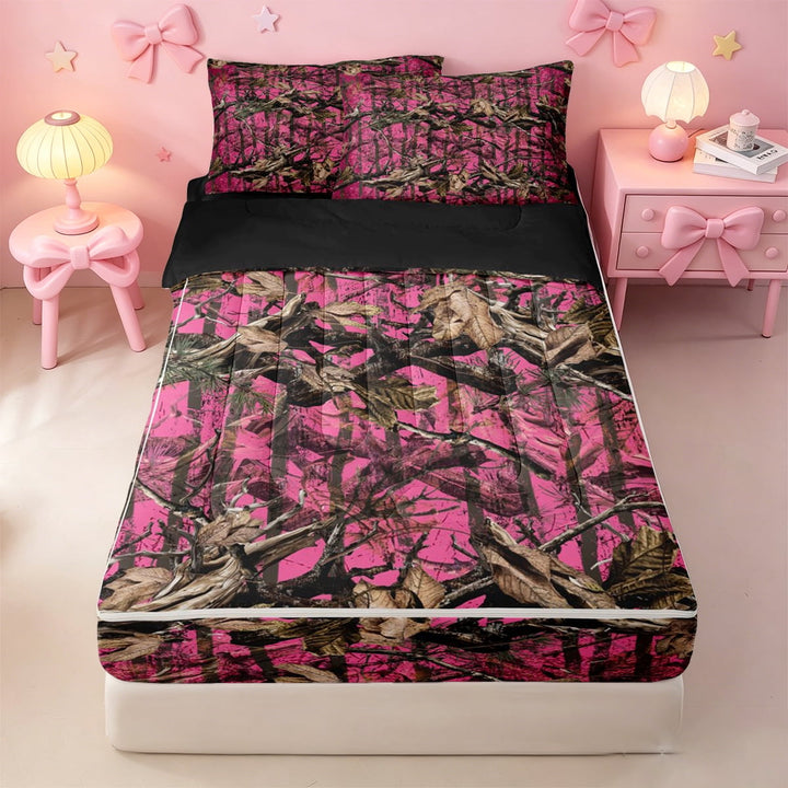 meiyoeat Pink Camo Print Zipper Full Size Comforter Sets with Fitted Sheet and 2 Pillowcases For Adults,Rustic Farmhouse Hunting Zipper Bedding Set For Women,Black Reversible,4 Pieces