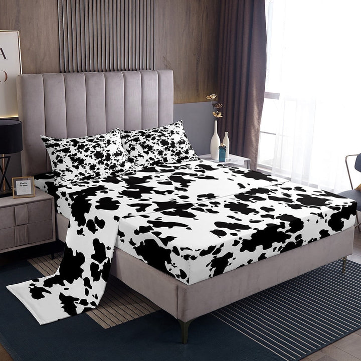 Cow Print Bedding Set Queen Size,Milk Cow Cattle Bed Sheets Set Teens Adults,Wild Animal Farmhouse Flat Fitted Sheet,Black White Bull Cowhide Top Sheet with 2 Pillowcases
