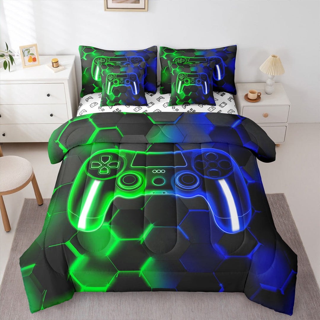 Erosebridal Gradient Gamepad Bedding Sets Full Size, Abstract Geometric Comforter Sets with Sheets, Gaming Reversible Bedding Full Size, Lightweight Room Decoration, 7pcs