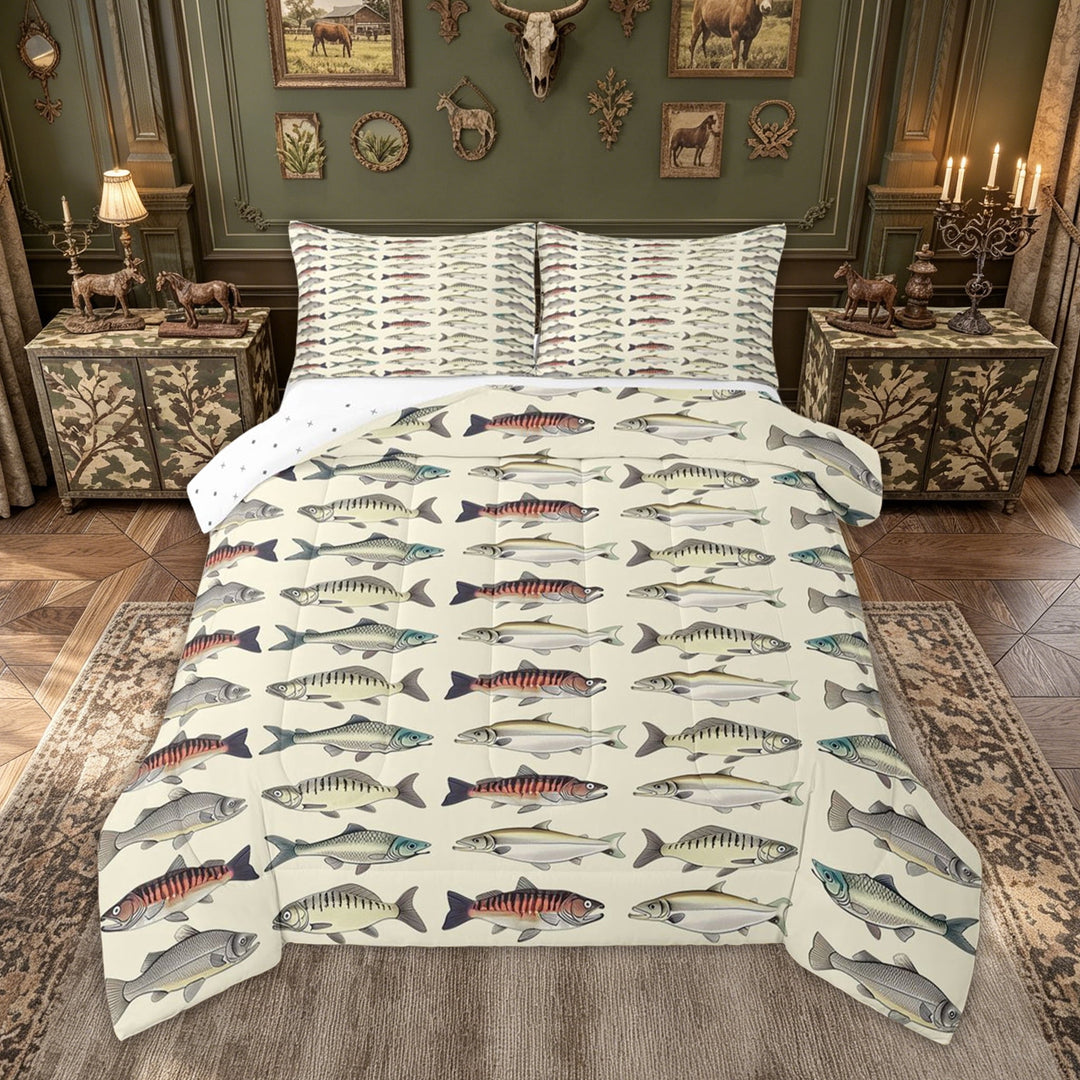 meiyoeat Vintage Pike Fish Full Size Comforter Sets for Boys Girls, Retro Hunting Ocean Wildlife Underwater Bedding Comforter Set, Beige, Reversible, 3 Pieces, 1 Comforter and 2 Pillowcases