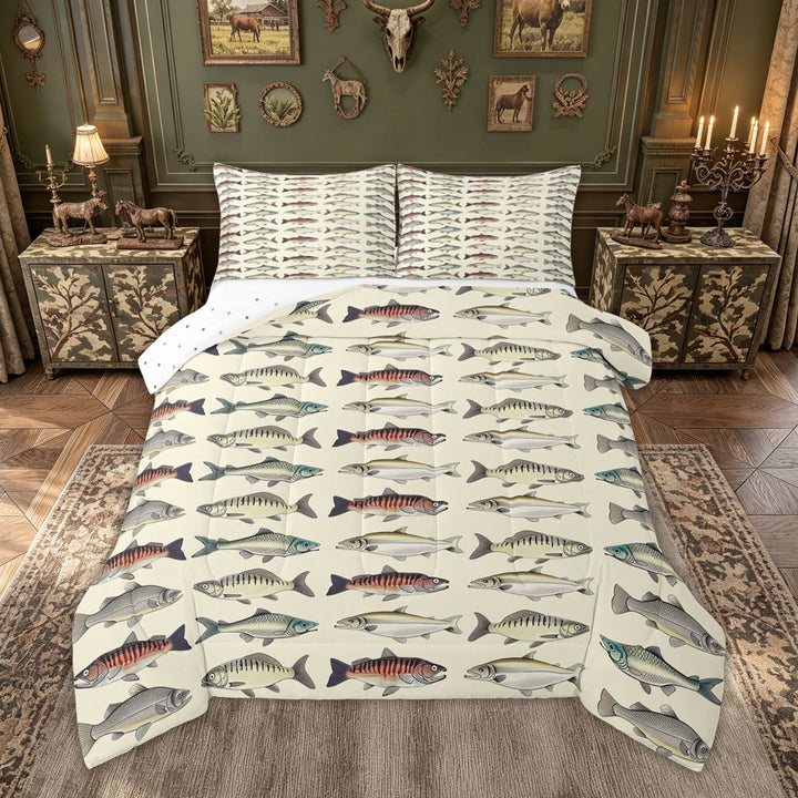 meiyoeat Vintage Pike Fish Full Size Comforter Sets for Boys Girls, Retro Hunting Ocean Wildlife Underwater Bedding Comforter Set, Beige, Reversible, 3 Pieces, 1 Comforter and 2 Pillowcases