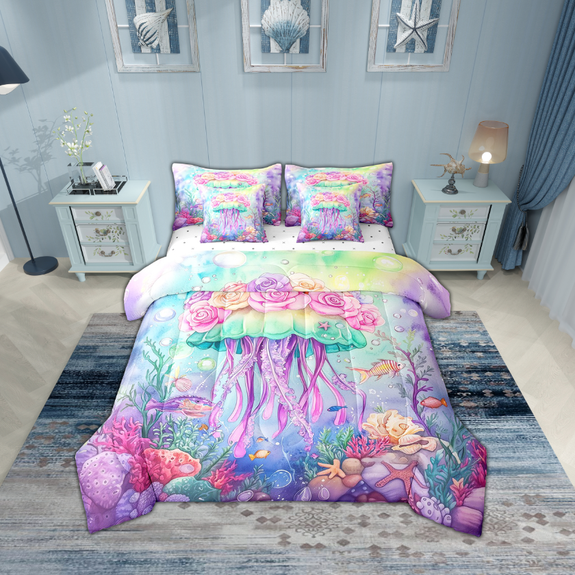 Erosebridal Cartoon Jellyfish Bedding Sets Twin Size,Green Purple Comforter Sets with Sheets,Ocean Theme Decor,Breathable,7pcs