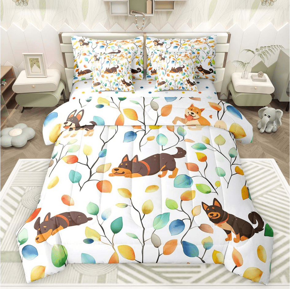 Cartoon Dog Bedding Twin Size 7 Pieces Watercolor Floral Comforter Set, Botanical Plants Bedding Comforter Sets Animal Pet Pug Puppy Bed in a Bag, Tropical Leaves Bedding Accessories