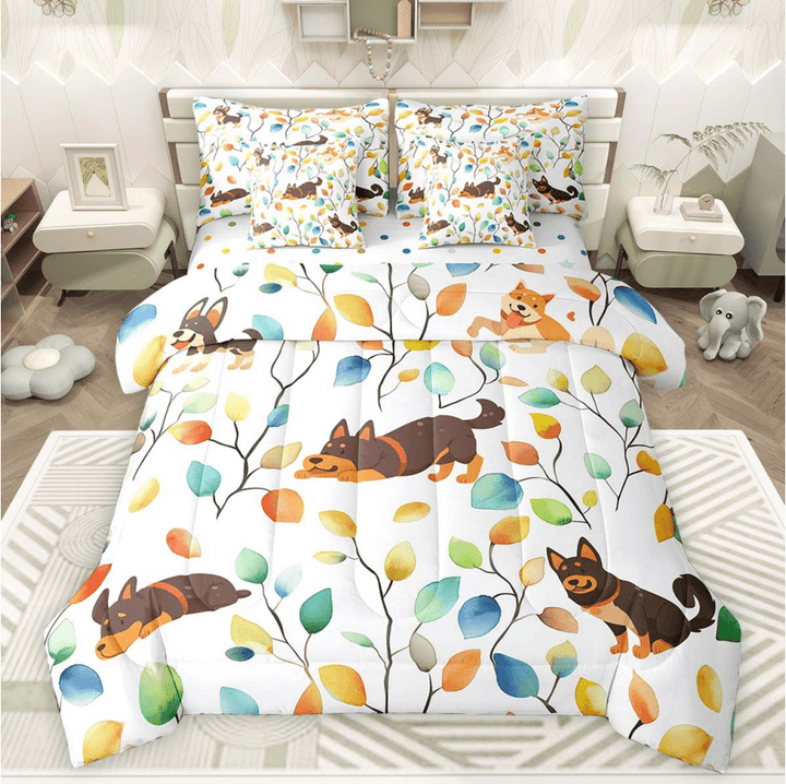 Cartoon Dog Bedding Twin Size 7 Pieces Watercolor Floral Comforter Set, Botanical Plants Bedding Comforter Sets Animal Pet Pug Puppy Bed in a Bag, Tropical Leaves Bedding Accessories