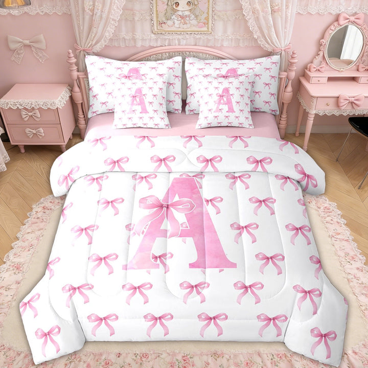 Erosebridal Bow Letter A Twin Bedding Sets for Girls, Pink Watercolor Ribbon Bedding Comforter Set, Pink Reversible, 7 Pieces