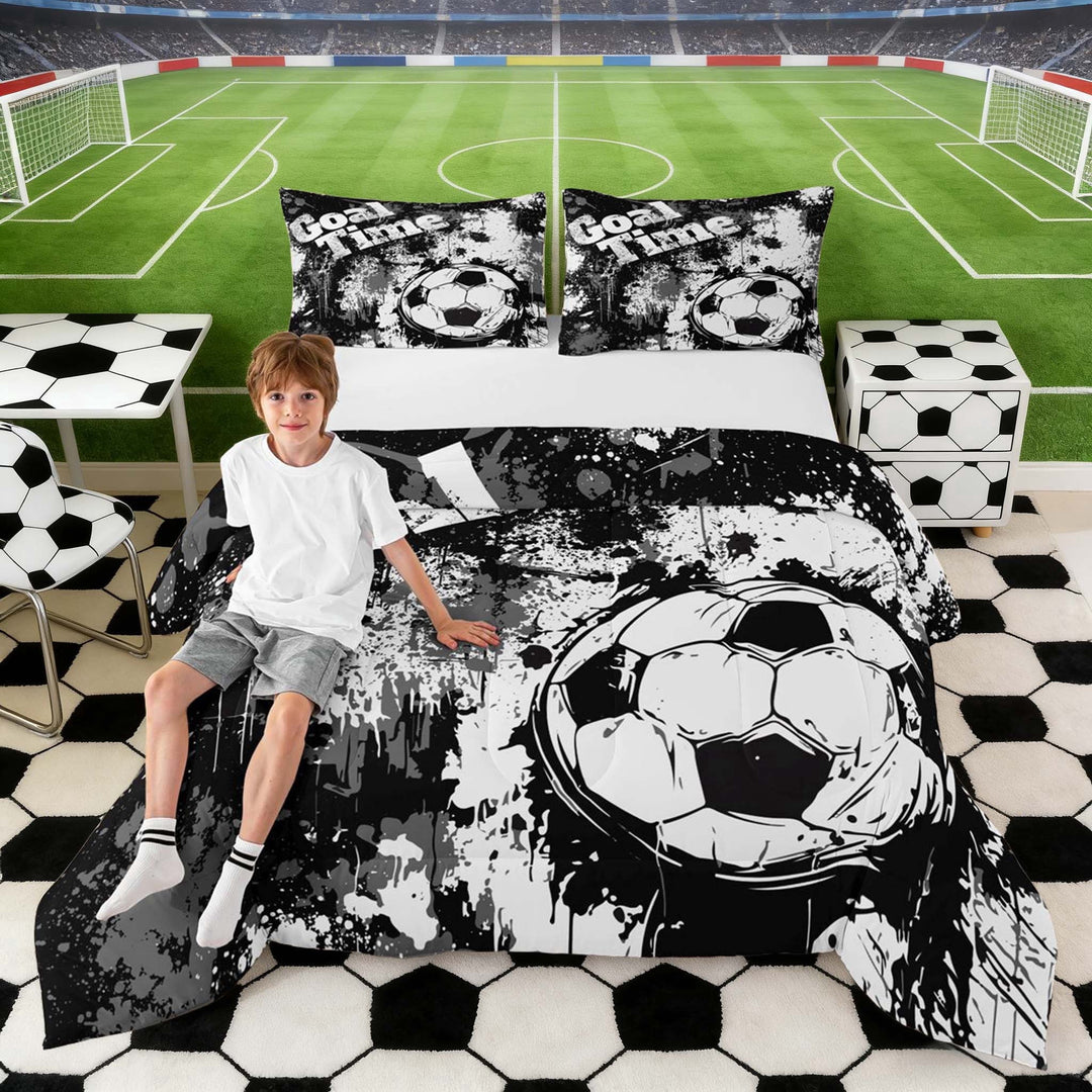 Erosebridal Grunge Soccer Goal Queen Comforter Set, Sport Bedding Comforter Set for Men and Boys, Black Reversible 3 Pieces, 1 Comforter and 2 Pillowcases