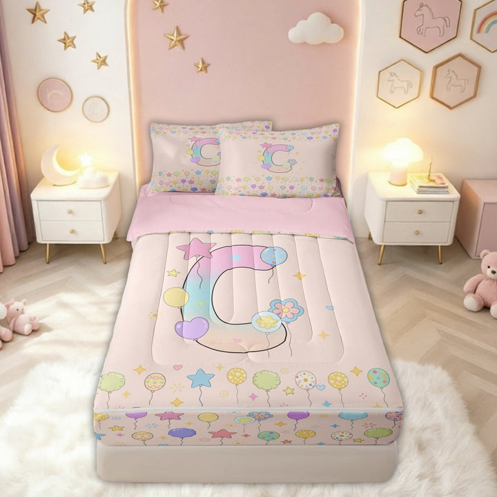 meiyoeat Pastel Balloon Letter C Print Zipper Comforter Set with Fitted Sheet and 2 Pillowcases for Boys Girls, Birthday Party Zipper Bedding Set, Pink Reversible, 3pcs