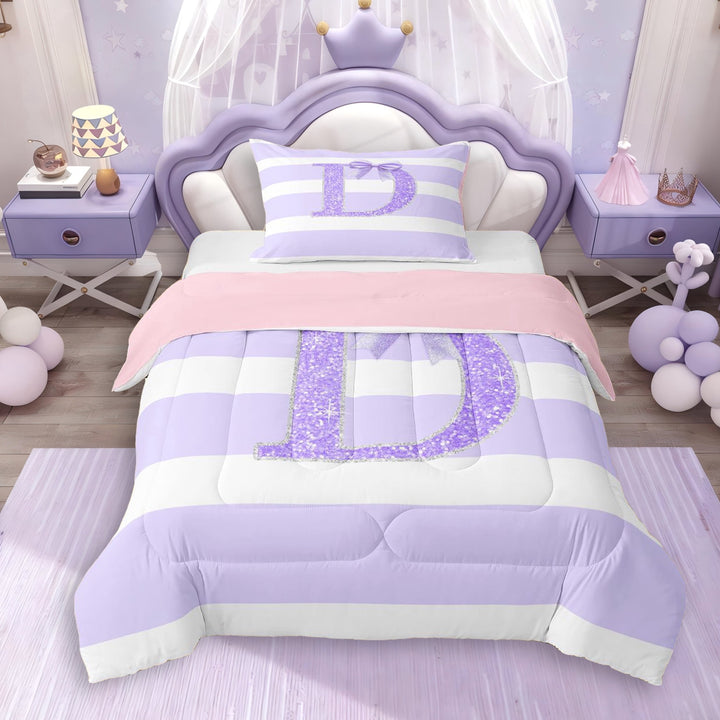 Erosebridal Bling Glitter Print Stripes Twin Comforter Sets 3-Piece For Boys Girls,Teens Purple Bow D Letter Monogrammed Bedding Set,Pink Reversible