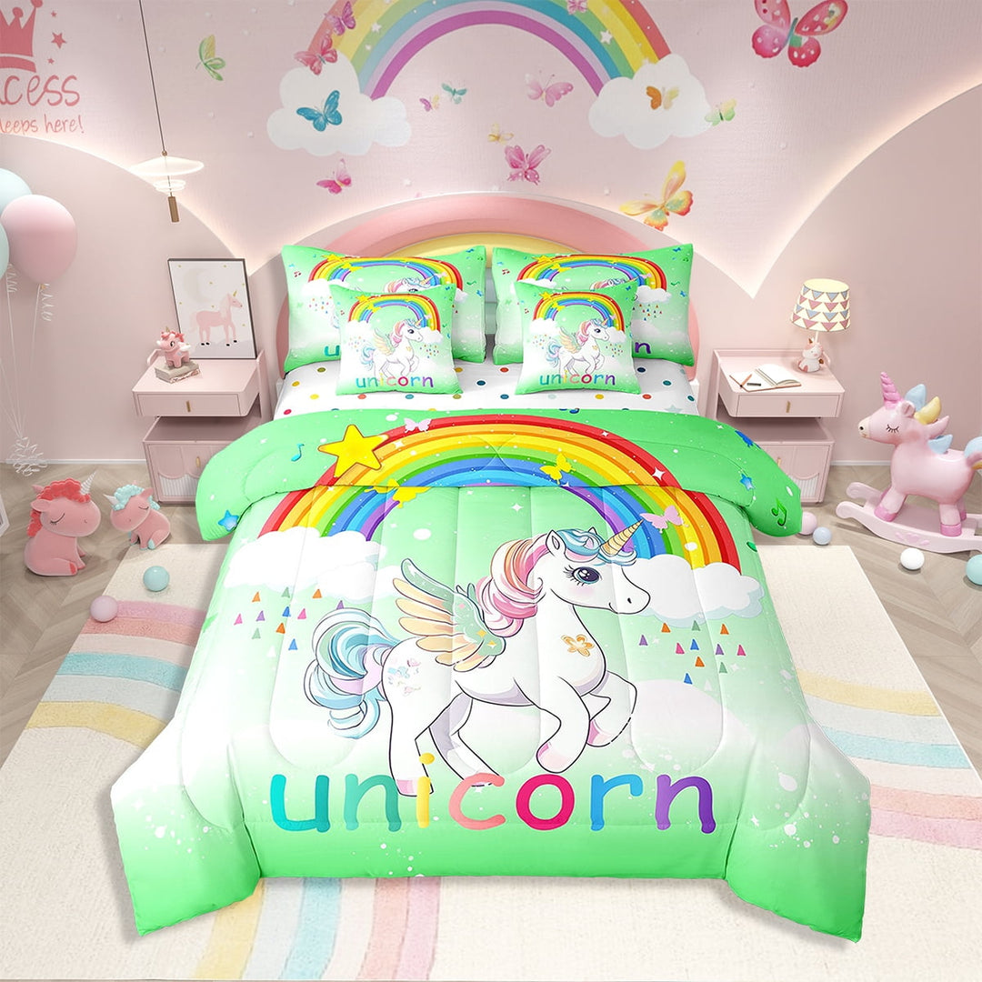 7 Pcs Comforter Set Twin Size,Ombre Rainbow Unicorn Bed in a Bag with Flat Sheet and Fitted Sheet Teens Adult,Gradient Stars Butterfly Bedding Set with Pillowcase and Sham