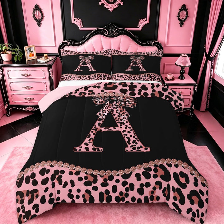 meiyoeat Pink Leopard Print Full Size Comforter Sets For Girls,Chic Cheetah Bow Monogram A Bedding Sets For Kids,pink Reversible,3 Pieces
