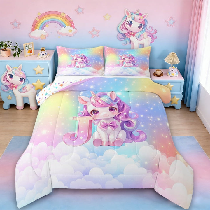 Erosebridal Cute Unicorn Bedding Sets Twin With Comforter, Initial Printed J Duvet Insert, Rainbow Galaxy Comforter Sets Twin Size, Microfiber Bedroom Decorative,2Pcs Reversible
