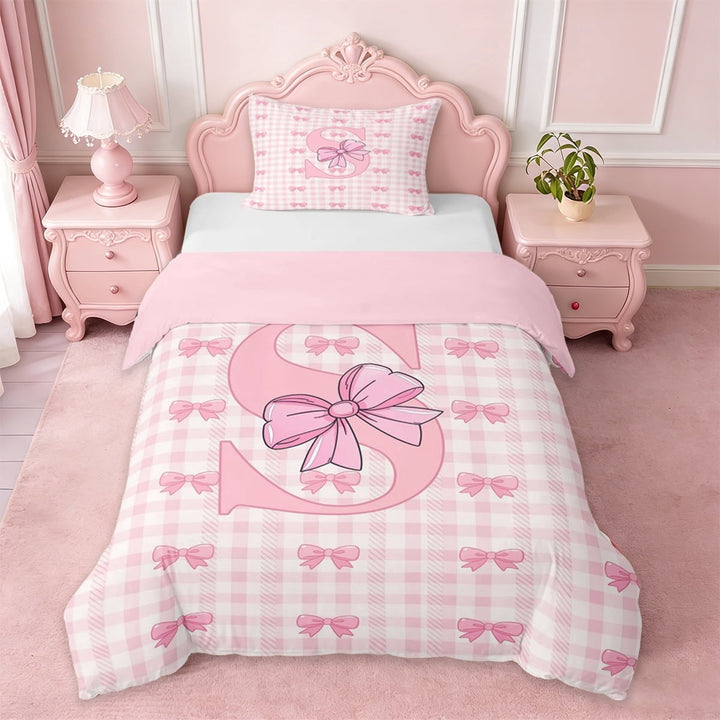Erosebridal Pink Classic Checkered Twin Bedding For Kids,3D Cartoon Letter S Initial Print Duvet Cover Set,Pink Reversible,2pcs(No Comforter)