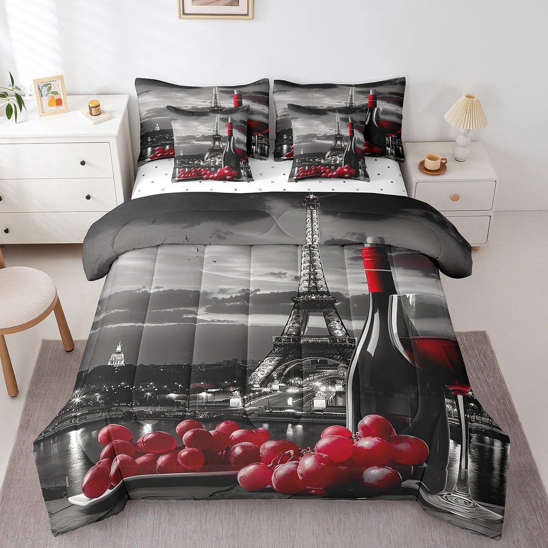 French Eiffel Tower Bed In A Bag 7-Piece,Romantic Paris Cityscape Queen Size Comforter Set,Red Wine Bedding Set,Black Grey Sheet Set With Comforter,Valentine&