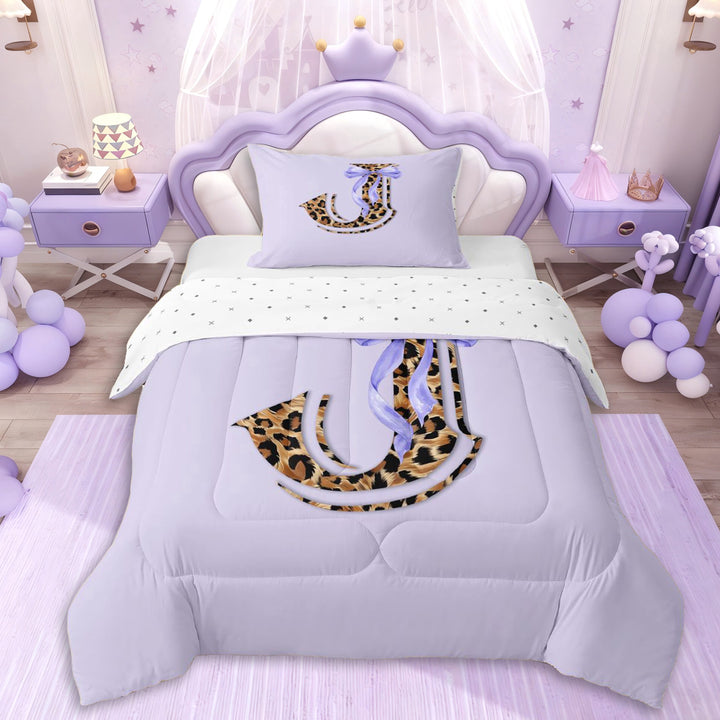 Erosebridal Cheetah Print Personalized J Initial Twin Comforter Sets 3-Piece,Kawaii Ribbon Bowtie Bedding Set For Teens Girls,Lightweight Room Decor