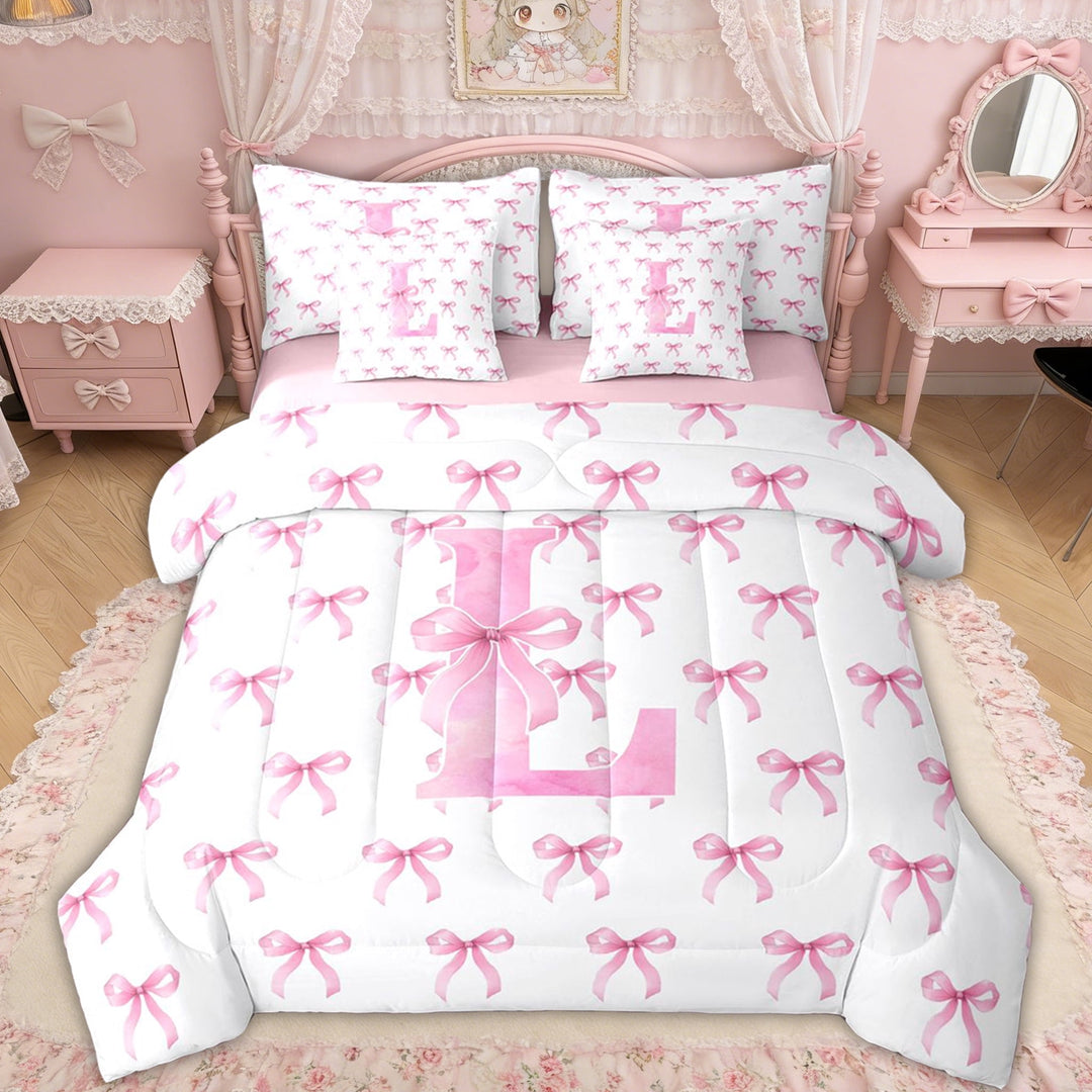 Erosebridal Pink Bow Letter L Twin Bedding Sets for Girls, Pink Watercolor Bow Bedding Comforter Set, Pink Reversible, 7-Piece