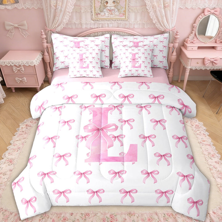 Erosebridal Pink Bow Letter L Twin Bedding Sets for Girls, Pink Watercolor Bow Bedding Comforter Set, Pink Reversible, 7-Piece