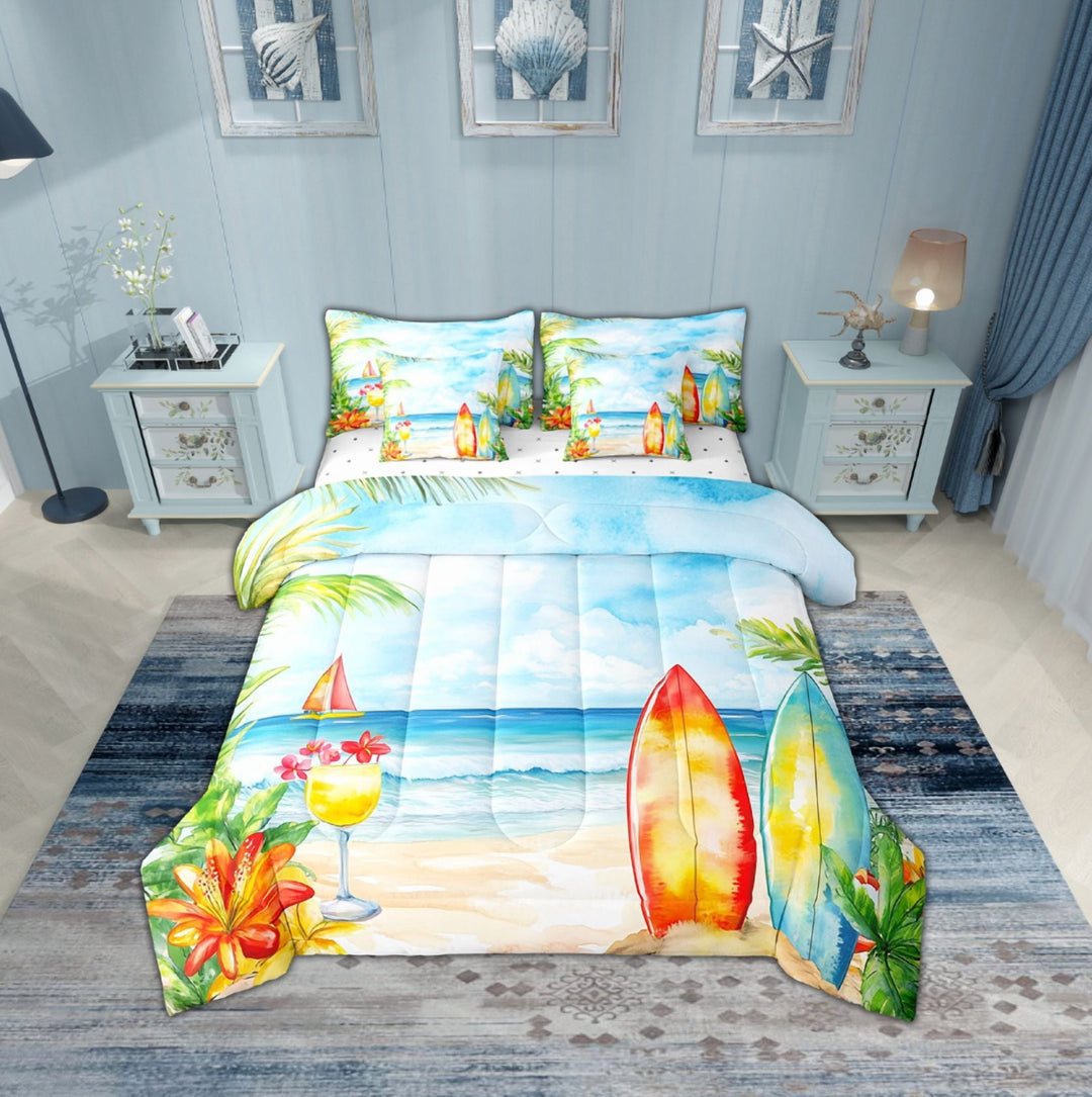 Erosebridal Ocean Beach Bedding Sets Twin Size,Summer Holiday Comforter Sets with Sheets,Surfing Decor,Breathable,7pcs