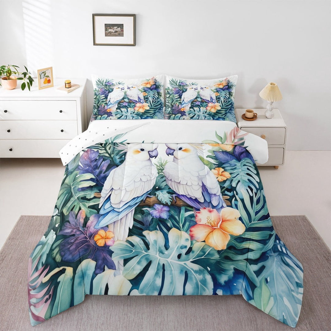 Erosebridal Kawaii Parrot Comforter Sets Full Size, Jungle Bird Comforters &amp; Duvets, Green Palm Leaves Reversible Bedding Full Comforter Set, Super Cozy Bedroom Decoration, 3pcs