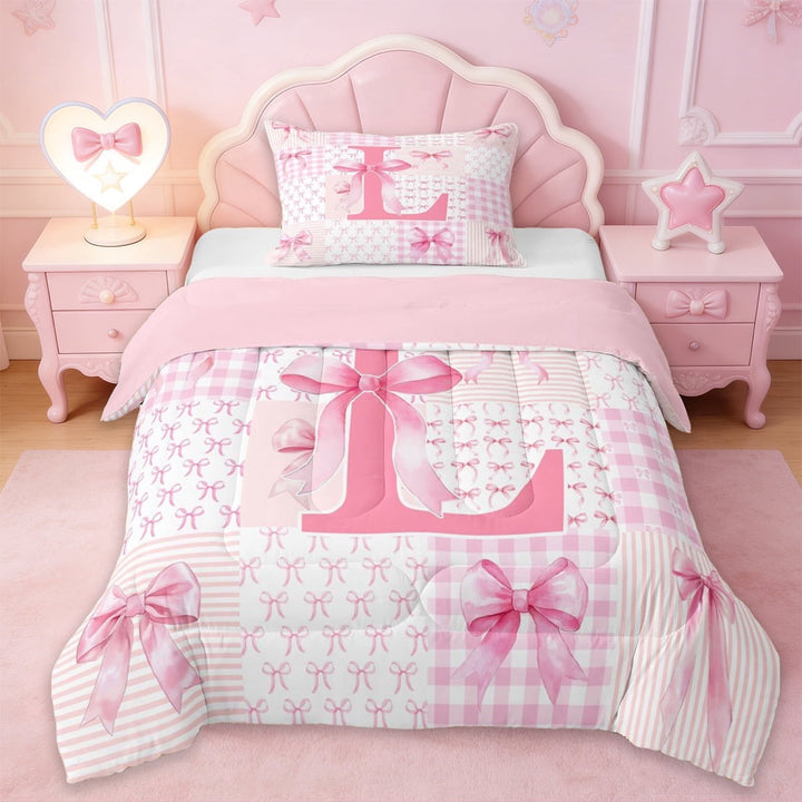 Erosebridal Lovely Pink Bowtie Kids Twin Comforter Sets,Personalized Initial Letter L Bedding Set For Girls,Pink Reversible,2pcs