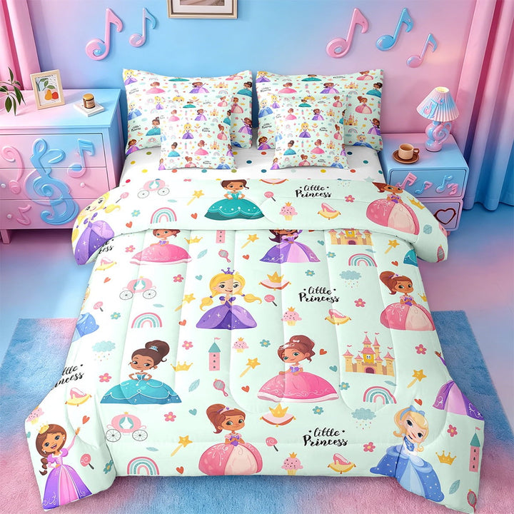 Erosebridal Kawaii Girl Bedding Sets Twin Size,Rainbow Castle Floral Comforter Sets with Sheets,Cyan Fairy Tale Bed in a Bag Twin Size,Breathable Room Decoration Reversible,7-Piece
